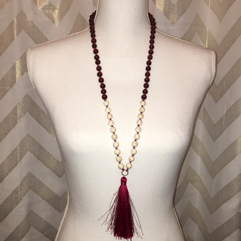 Crimson & Cream Tassel Necklace